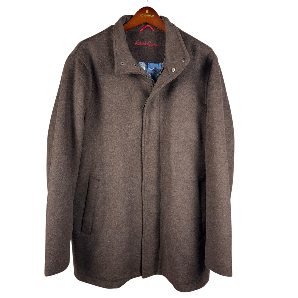 Robert Graham Wool Blend Car Coat Mens XL Brown Floral Lined Stand Collar NWT - Picture 2 of 11